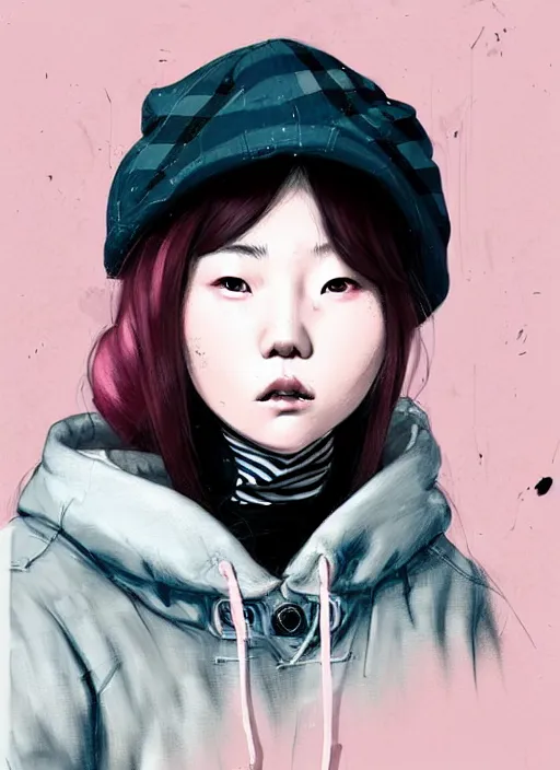 Image similar to highly detailed portrait of a korean sewer punk lady student, blue eyes, burberry hoody, hat, white hair by atey ghailan, by greg tocchini, by kaethe butcher, gradient pink, black, brown, cream and light blue color scheme, grunge aesthetic!!! ( ( graffiti tag wall, plain white background ) )