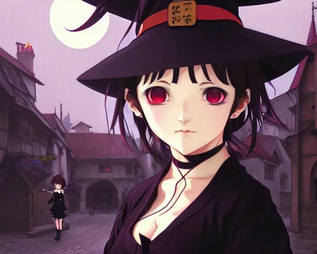 Image similar to ilya kuvshinov, moody, key anime visual portrait of a young female witch walking through a busy medieval village, dynamic pose, dynamic perspective, cinematic, dramatic lighting, muted colors, detailed silhouette, textured, anime proportions, alphonse mucha, perfect anime face,, yoh yoshinari, takashi murakami