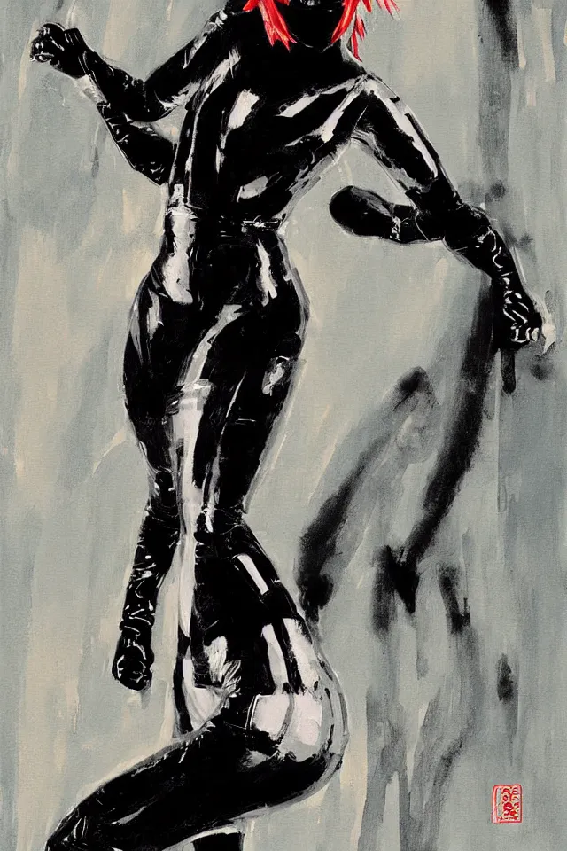 Prompt: painting of a ninja woman in a black latex suit by ashley wood