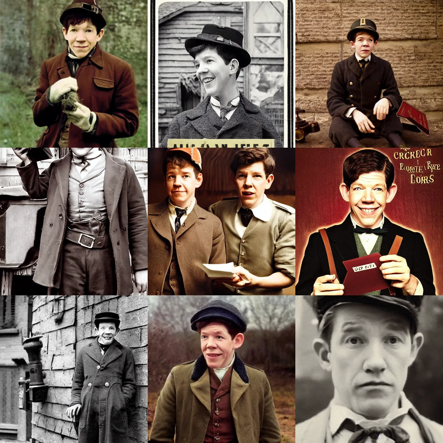 Prompt: young Lee Evans as a quirky, imaginative 19th century postman, cinematic lighting, highly detailed, realistic, antique photography