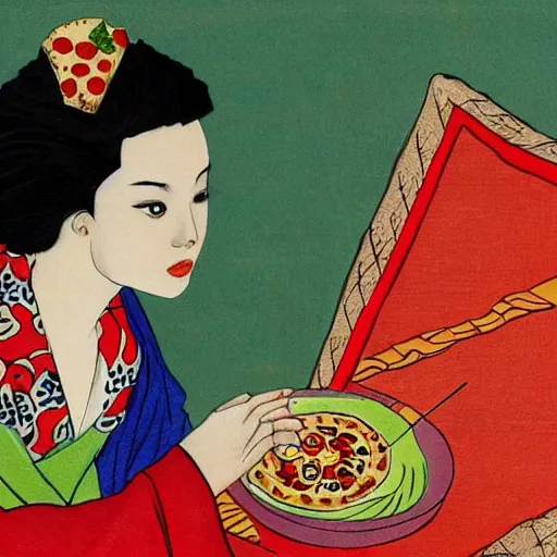 Image similar to afrodita in kimono eating pizza, greek mythology art