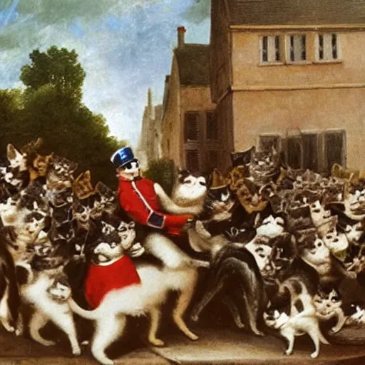 Image similar to a cat wearing napoleon's hat with a crowd of cats wearing helmets behind him. they're on a road.