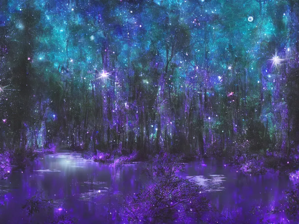 Prompt: a cinematic beautiful magical moonlit blue and purple forest full of ethereal sparkling glowing blue lights with a beautiful galaxy sky and a glistening glittery pond and river, soft lighting, ultra high detail, digital art, HD, by Ryky