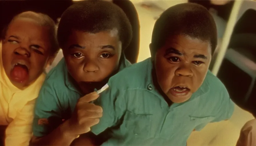 Image similar to 7 0 s film still from a horror movie of gary coleman and emmanuel lewis, kodachrome, cinecolor, cinestill, film grain, film texture, retro, cinematic, high resolution, photorealism,