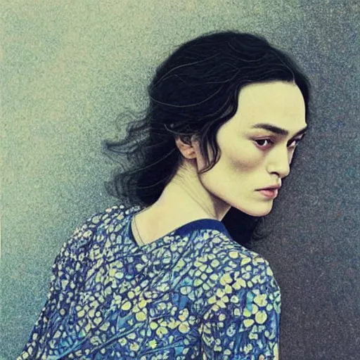 Image similar to “ keira knightley portrait by ikenaga yasunari and ayana otake and ko rakusui, 6 0 s poster, drawing, realistic, sharp focus, japanese, dreamy, nostalgia, faded, golden hues, floral clothes ”