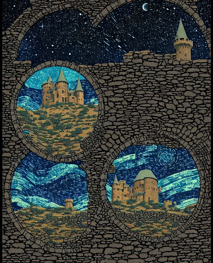 Image similar to stone wall inside of a majestic castle, round window looking out to the starry night sky, high details, intricately detailed, by vincent di fate, inking, 3 color screen print, masterpiece, trending on artstation,, sharp, details, hyper - detailed, hd, 4 k, 8 k