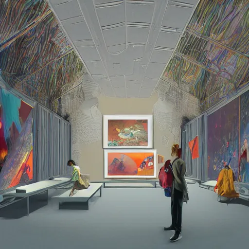 Image similar to illustration of modern art gallery, where there is a lot of painting displayed from various artist, very fashion, octane render, displayed on the walls, by Victo Ngai and James Gilleard and Bruce Pennington