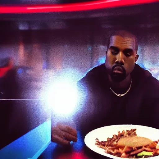 Image similar to blurry, gopro footage of kanye west eating at taco bell, cinematic, volumetric lighting, night, rain