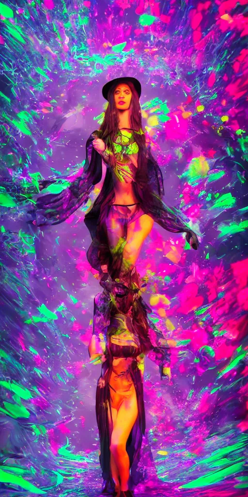 Image similar to impossibly beautiful witch using magic to hypnotize enemies, single head, full body, complexity, horror, psychedelic glitch art, rainbow drip paint, trending on art station, photoreal, 8k, octane render