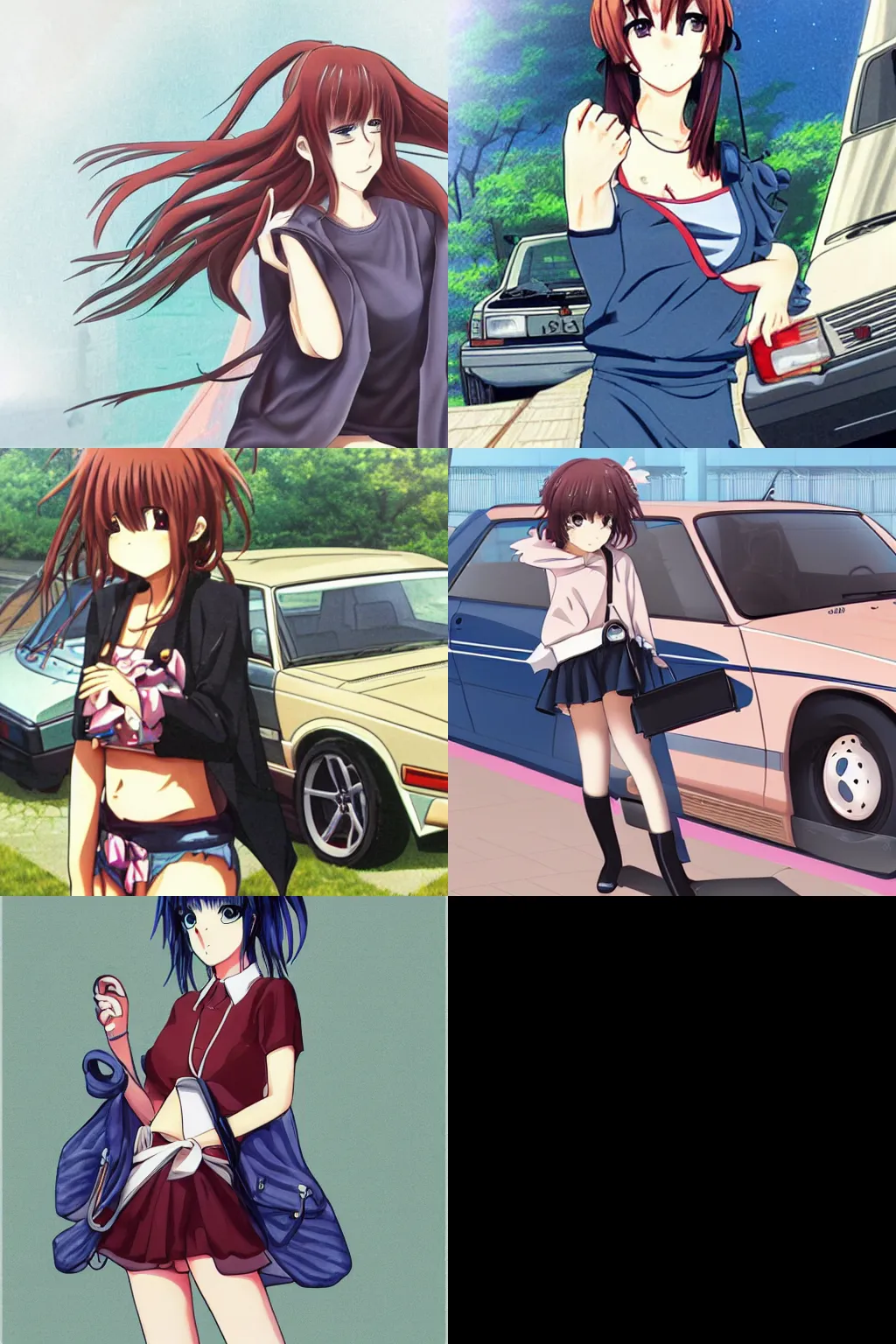 Prompt: anime girl with a volvo 240, anime style