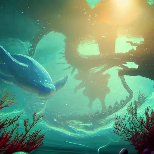 Image similar to underwater view of a strange alien world, some washed out red and green plant life, giant leviathan swimming far in the background, deep blue sea color, artstation