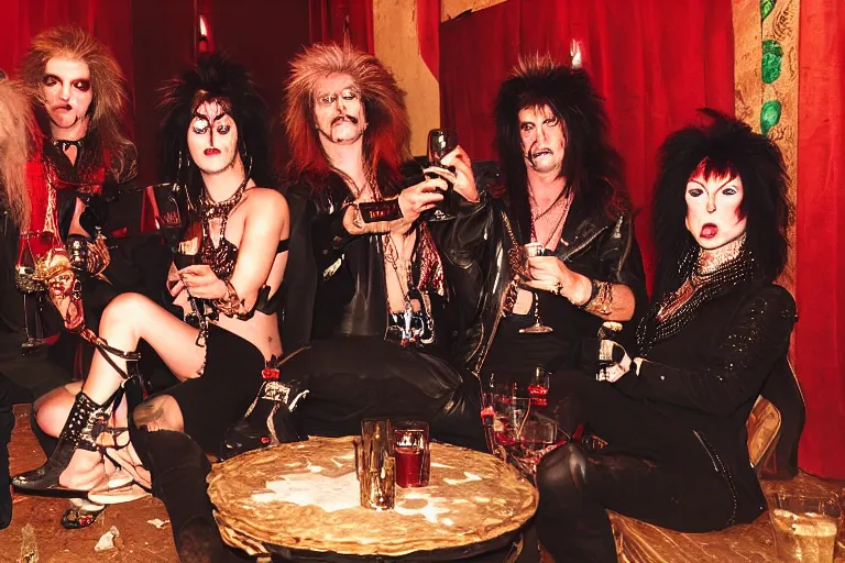 Prompt: glam rockers drinking brutal and raw wine, inside a green room with red lights in renaissance style