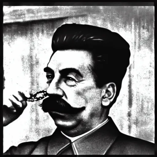 Image similar to stalin eats a hamburger at mcdonald's, photo in color