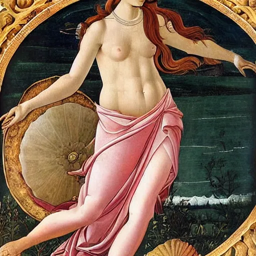 Image similar to an ultradetailed mythological oil painting of a beautiful goddess with long brown hair, full body, wearing pink floral chiton, sleeping on a giant scallop shell, near the seashore, intricate lines, elegant, renaissance style, by sandro botticelli