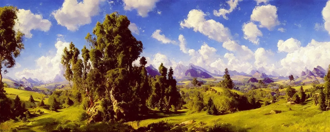 Prompt: gorgeous disney illustrated background of a hilly valley with a blue sky and fluffy white clouds, grassy field by eugene von guerard, ivan shishkin, john singer sargent