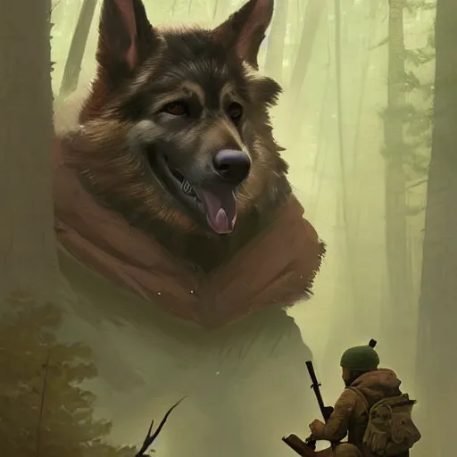 Image similar to Norwegian forest war action portrait of furry anthro anthropomorphic german shepard head animal person fursona wearing clothes modern soldier tactical digital art by Greg Rutkowski, Simon Stalenhag, trending on Artstation, CGSociety