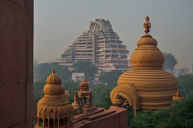 Image similar to beautiful dreamscape! biomorphic new delhi, hanuman!! head building, kalighat, octane sharp cinematic, stephen shore & john j. park, soft morning light, wide shot, high angle, uhd 8 k, shallow depth of field