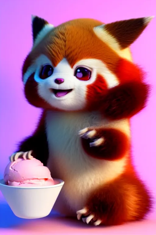 Image similar to high quality 3 d render hyperrealist very cute pastel fluffy! red panda & tarsier hybrid eating giant ice cream full body, vray smooth, in the style of detective pikachu, hannah yata charlie immer, very dramatic pink light, low angle, uhd 8 k, shallow depth or field