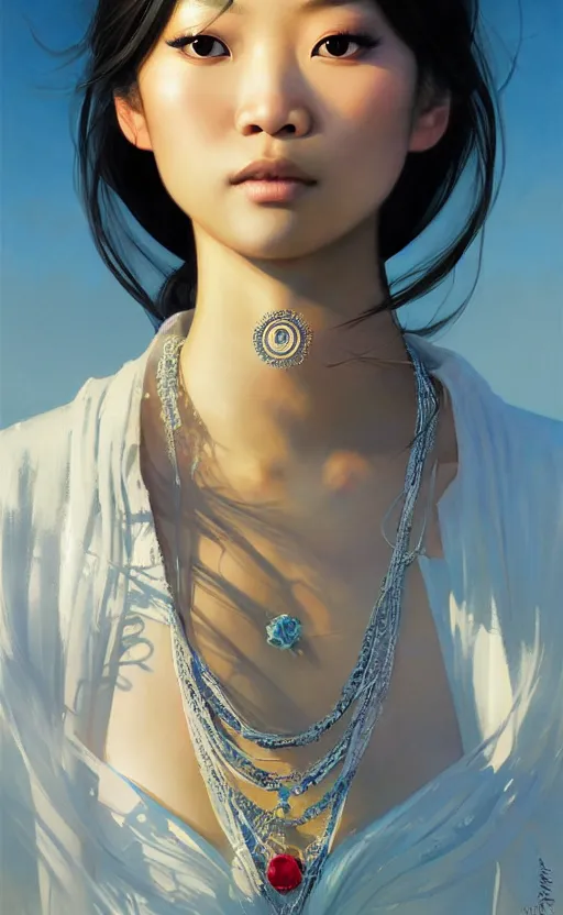 Image similar to a beautiful young charming asian goddess with sundress + jewelry + shinny eyes | | winter, symmetric, realistic shaded, unpleasant face, good looking, fine details, dior, lv, realistic shaded lighting poster by greg rutkowski, macoto takahashi, magali villeneuve, artgerm, jeremy lipkin and michael garmash