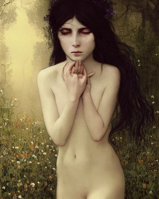 Image similar to a beautiful but sinister and creepy young woman in layers of fear, with haunted eyes, violence in her eyes, crazy white hair, 1 9 7 0 s, seventies, delicate embellishments, a little blood, woodland, moonlight shining on wildflowers, painterly, offset printing technique, by alexandre cabanel