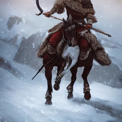 Image similar to A Nordic warrior on horseback in the snowy mountains during a snowstorm, fantasy, medieval, highly detailed, Artstation