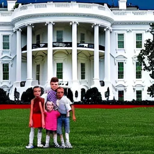 Image similar to one girl and three boys, they are siblings, the wall of a white house is in the beackground