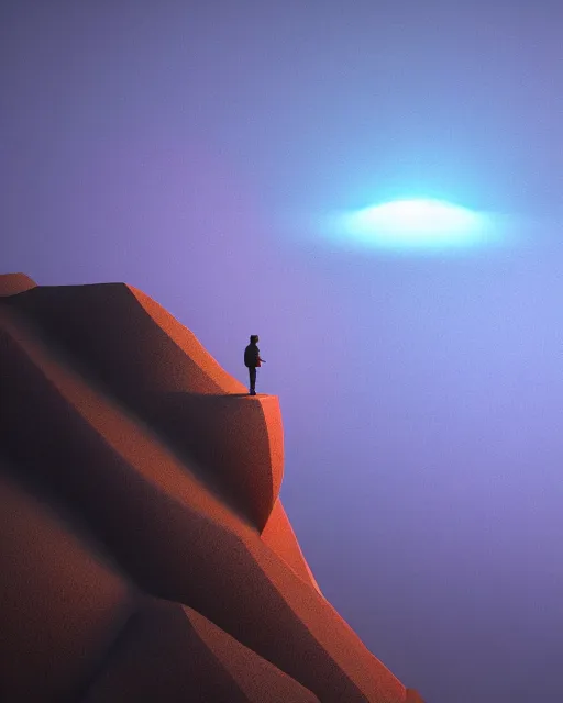 Image similar to a man standing in the middle of a mountain looking at a glowy shape, a render by filip hodas, behance contest winner, environmental art, rendered in cinema 4 d, volumetric lighting