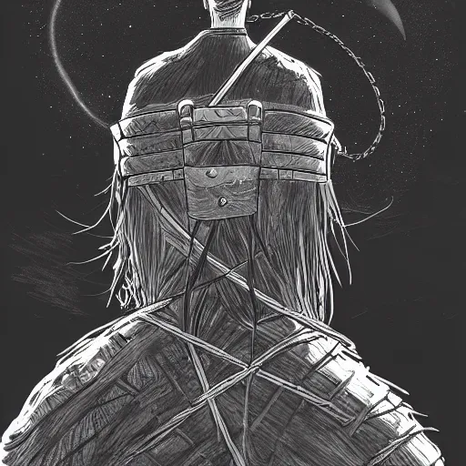 Image similar to a portrait from behind of a samurai man vagabond with a moon behind him, the samurai is wrapped in chains, detailed, illustration, concept art, ink style, sketch