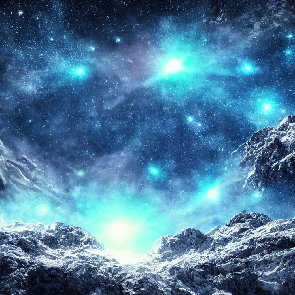 Prompt: vertical, mountains, limit, universe, galaxy, upwards, photo, blue sky, realistic, highly detailed, cinematic, glowing ice comets falling down