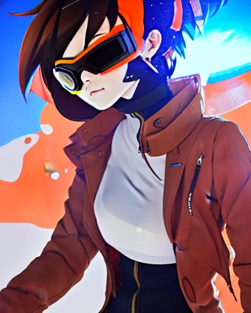 Image similar to Anime as Tracer Overwatch wearing orange snowboard googles, brown leather coat || cute-fine-face, pretty face, realistic shaded Perfect face, fine details. Anime. realistic shaded lighting poster by Ilya Kuvshinov katsuhiro otomo ghost-in-the-shell, magali villeneuve, artgerm, Jeremy Lipkin and Michael Garmash and Rob Rey as Overwatch Tracer