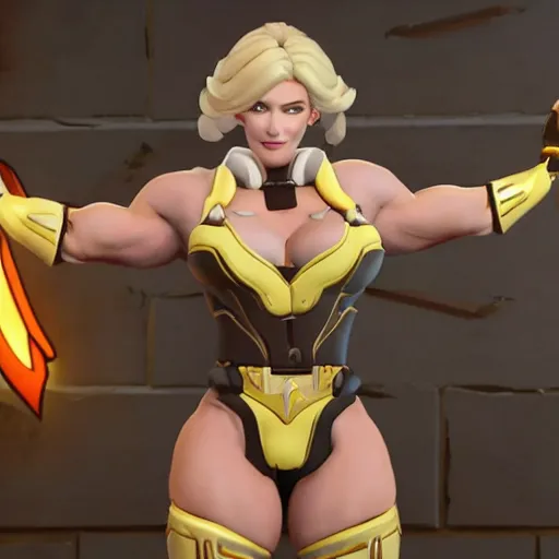 Image similar to a screenshot of arnold schwarzenegger as mercy in overwatch, full body shot