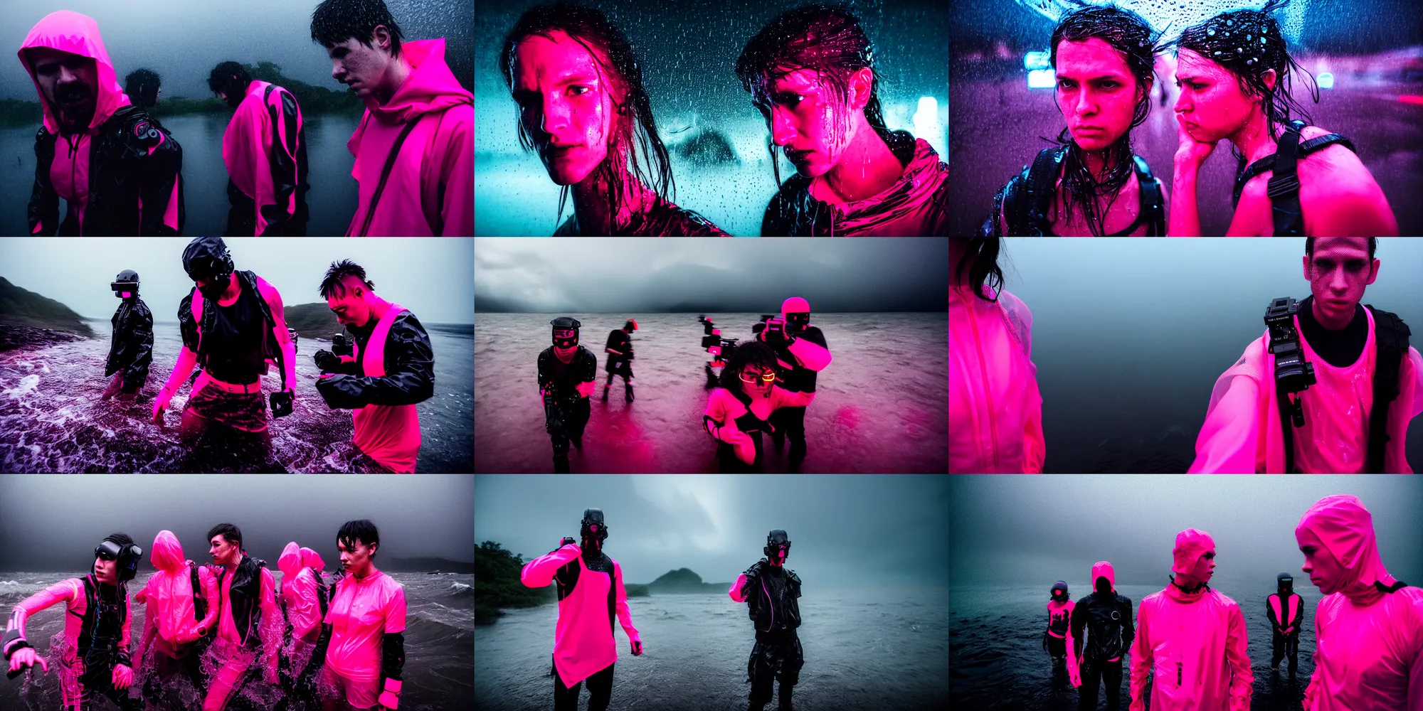 Prompt: cinestill hasselblad candid award winning press portrait by robert capas of aggressive cyberpunks wearing rugged neon pink mesh techwear in treacherous waters, thunderstorm, wideangle, extreme motion blur, modern cyberpunk moody depressing cinematic, pouring rain, 8 k, hd, high resolution, 3 5 mm, f / 3 2, ultra realistic faces, ex machina