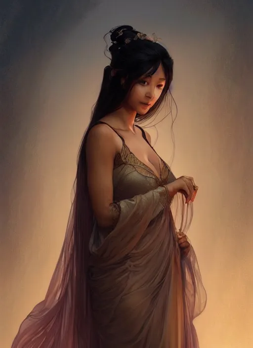 Image similar to cute brown woman wearing a transparent night gown and hanfu face veil, fantasy, intricate, highly detailed, digital painting, artstation, concept art, wallpaper, smooth, sharp focus, illustration, art by artgerm and greg rutkowski and alphonse mucha