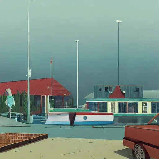 Image similar to yachting club by simon stalenhag