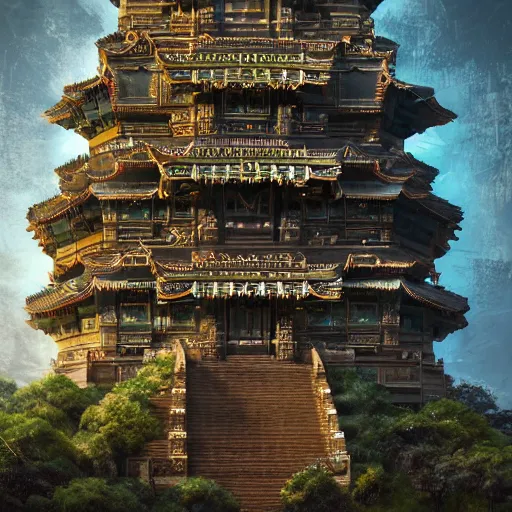 Prompt: extreme long shot of strange temple, , the building is covert with glyphs and on the top of the temple big gold design intricate, hyper detailed, trending on artstation, green tones, glow