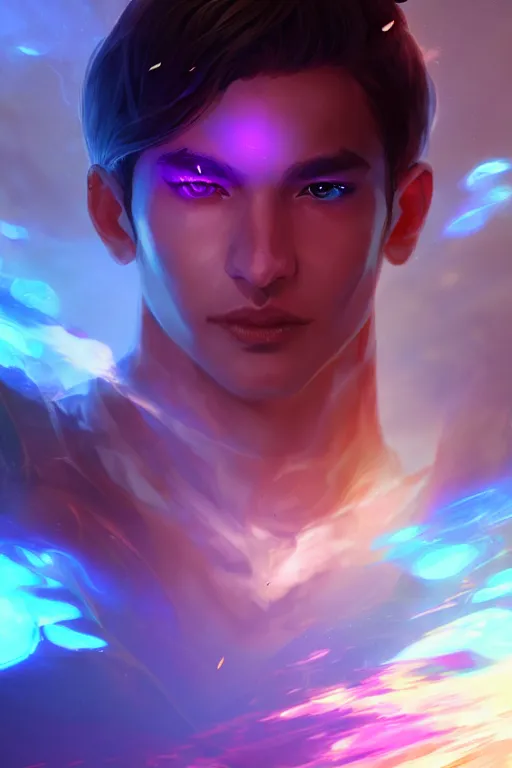 Image similar to a human elemental sorcerer, blurred environment background, colorful magic effects, white skin, portrait, male, clothed, sharp focus, digital art, concept art, trending on artstation, dynamic lighting, by emylie boivin and rossdraws