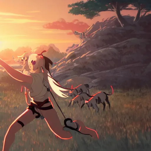 Prompt: female warrior wearing a skull mask, in dynamic pose, surrounded by wolves, fight battle, looking up, sunset, asian, wlop, studio ghibli, screenshot from the anime film by makoto shinkai, 8k