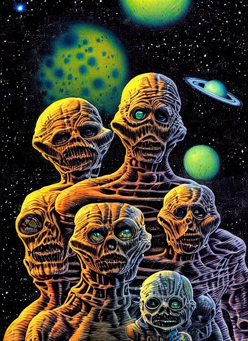 Prompt: detailed image of a creepy family in the deep space by richard corben, rich deep colors. masterpiece . intricate artwork, cinematic, hyper realism, high detail, unreal engine, 8k, Smooth gradients, High contrast, depth of field, very coherent symmetrical artwork. clean ink detailed line drawing, intricate detail, extremely detailed.