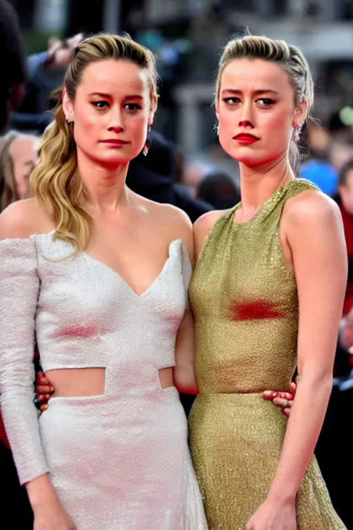 Image similar to brie larson and amber heard holding hands on the red carpet, beautiful detailed faces