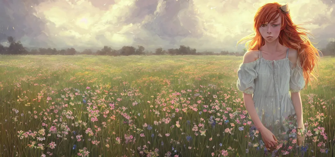 Image similar to a beautiful southern woman named Savannah, innocent, sad turquoise eyes, freckles, long ginger hair tied with white ribbon, relaxed in a field of flowers on a farm, gentle lighting, storm in the distance, somber, western clothing, dress, digital art by Makoto Shinkai ilya kuvshinov and Wojtek Fus, digital art, concept art,