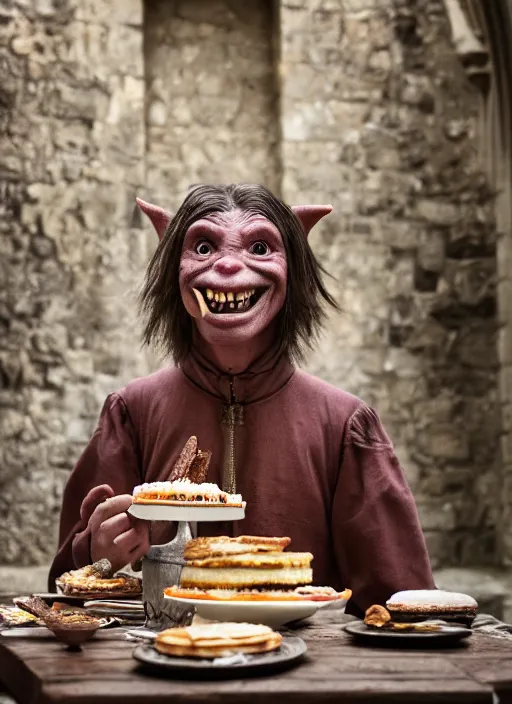 Image similar to closeup portrait of a medieval goblin eating cakes in the cloisters, depth of field, zeiss lens, detailed, symmetrical, centered, fashion photoshoot, by Annie Leibovitz and Steve McCurry, David Lazar, Jimmy Nelsson, Breathtaking, 8k resolution, extremely detailed, beautiful, establishing shot, artistic, hyperrealistic, beautiful face, octane render