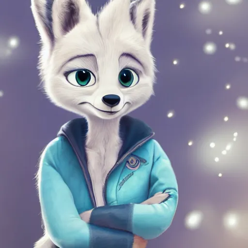 Image similar to upper half portrait, of a anthropomorphic female snow fox, with short fur covering her body and silver eyes, wearing a denim jacket, in the style of zootopia, far shot, 5 feet away