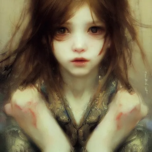 Image similar to little beauty girl with brown hair. By Ruan Jia. Ayami Kojima. Masterpiece