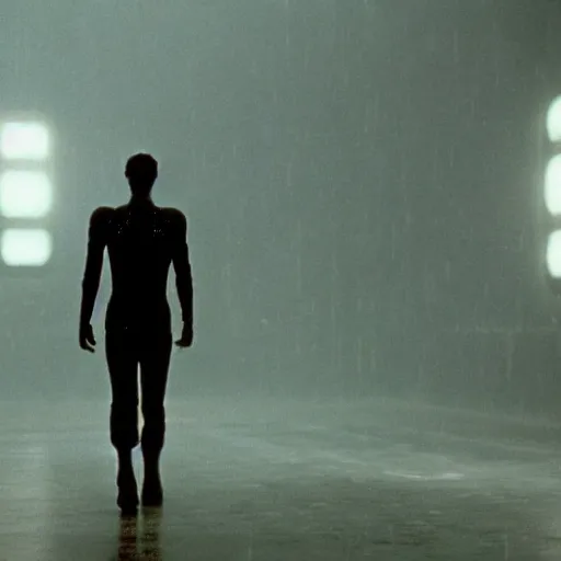 Image similar to cinematic portrait of a runaway cyborg in an empty room, still from the movie bladerunner