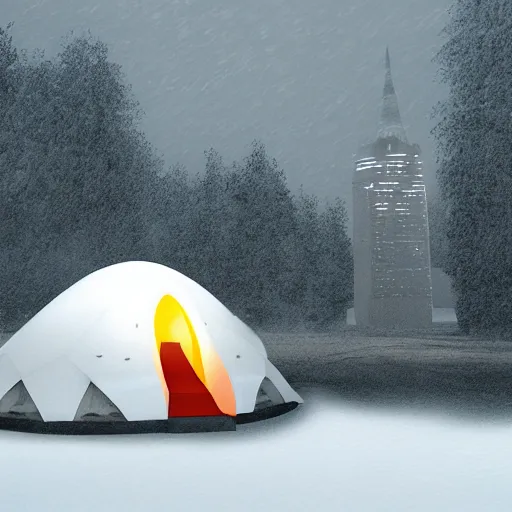 Image similar to advanced futuristic tent, camping on top of a tower, in an ice storm, hyperrealism