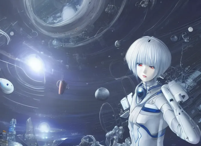 Image similar to This is a digital art piece by Yoshiyuki Sadamoto that is trending on artstation. It is a 8K UHD image of Rei Ayanami, a female anime character, inside a space station with technological rings. She is shot from the ground by Yoshiyuki Sadamoto. The environment is a concept design and the art is hyper realistic with intricate details.