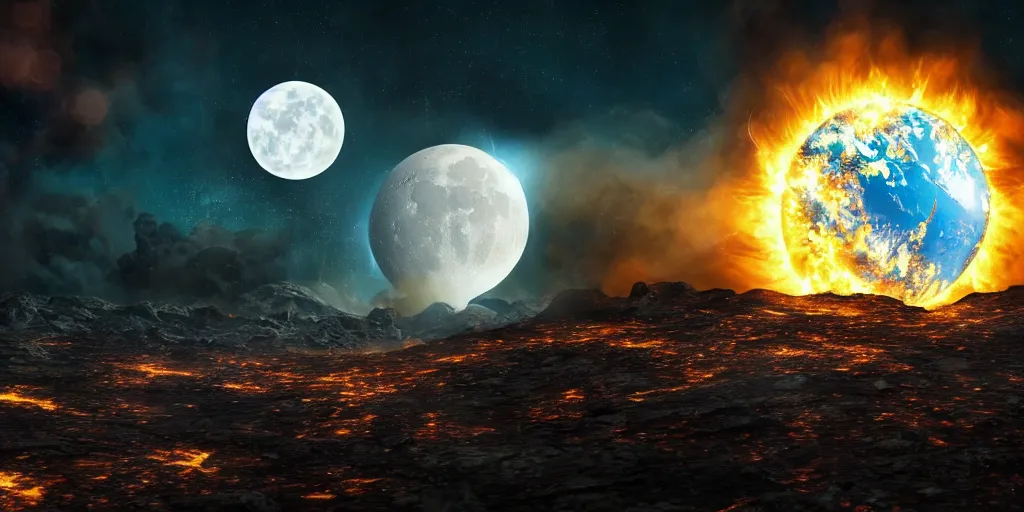 Prompt: The planet earth on fire and the moon exploding in the spacial background while the universe is pitch black , realistic 4k octane beautifully detailed render, 4k post-processing, highly detailed, intricate complexity, epic composition, magical atmosphere, cinematic lighting, masterpiece, ultra hd