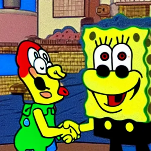 Image similar to Spongebob shaking hands with Mario
