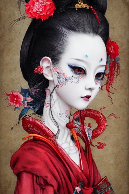 Prompt: watercolor painting of a japanese bjd geisha oni demon with a long neck in a victorian lolita fashion red dress in the style of dark - fantasy painted by yoshitaka amano, tom bagshaw, ayami kojima, dmt art, symmetrical face portrait, intricate detail, artstation, artgerm, gold rococo!!