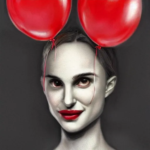 Image similar to surrealism grunge cartoon portrait sketch of natalie portman with a wide smile and a red balloon by - michael karcz, loony toons style, freddy krueger style, horror theme, detailed, elegant, intricate